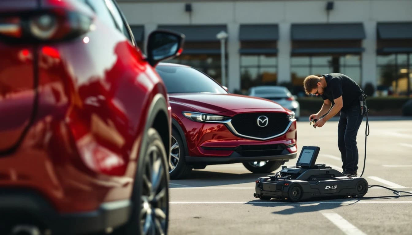 Cerrajero cortando una llave de repuesto para un Mazda CX-5 rojo en un estacionamiento de Fort Worth, Texas