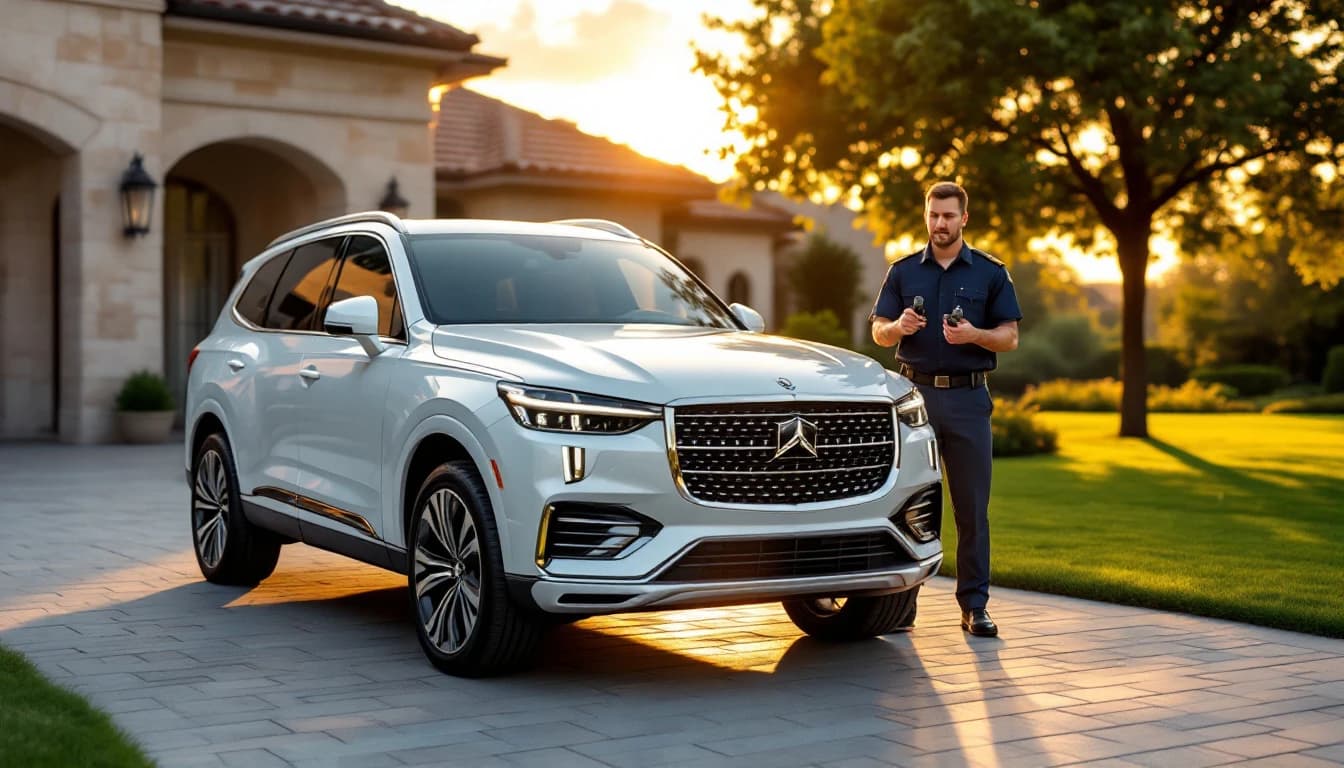 Mercedes-Benz GLC blanca estacionada en el driveway de una casa del suroeste de Fort Worth mientras un técnico móvil programa una llave de repuesto en Texas