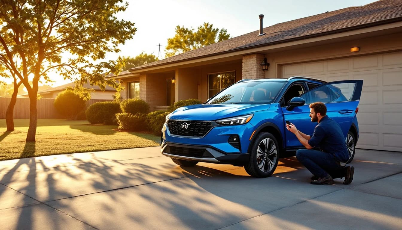 Subaru Crosstrek azul estacionada en un driveway del norte de Fort Worth mientras un técnico móvil programa una llave de repuesto en Texas