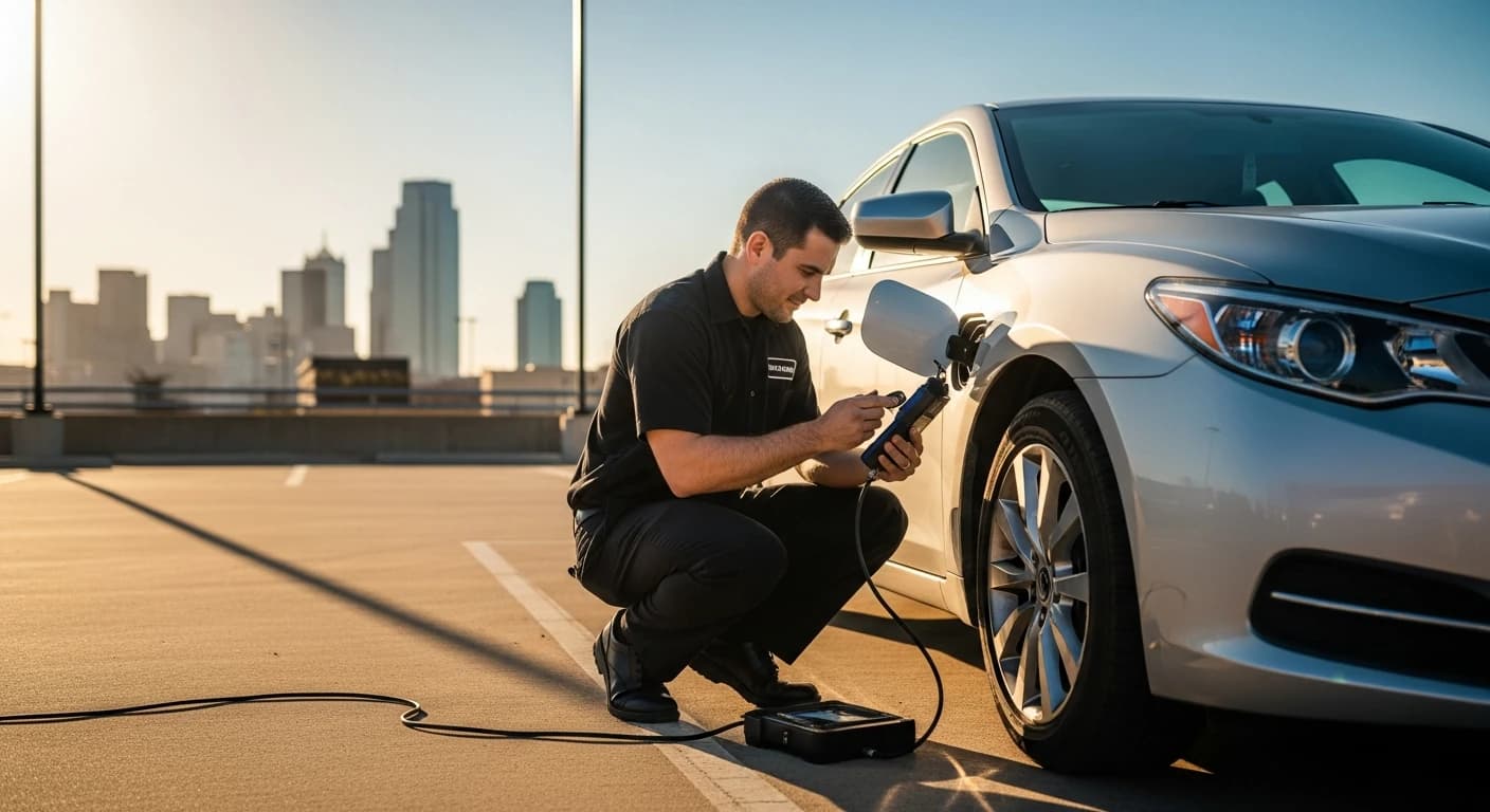 Cerrajero automotriz profesional programando llaves de carro en un estacionamiento de Fort Worth