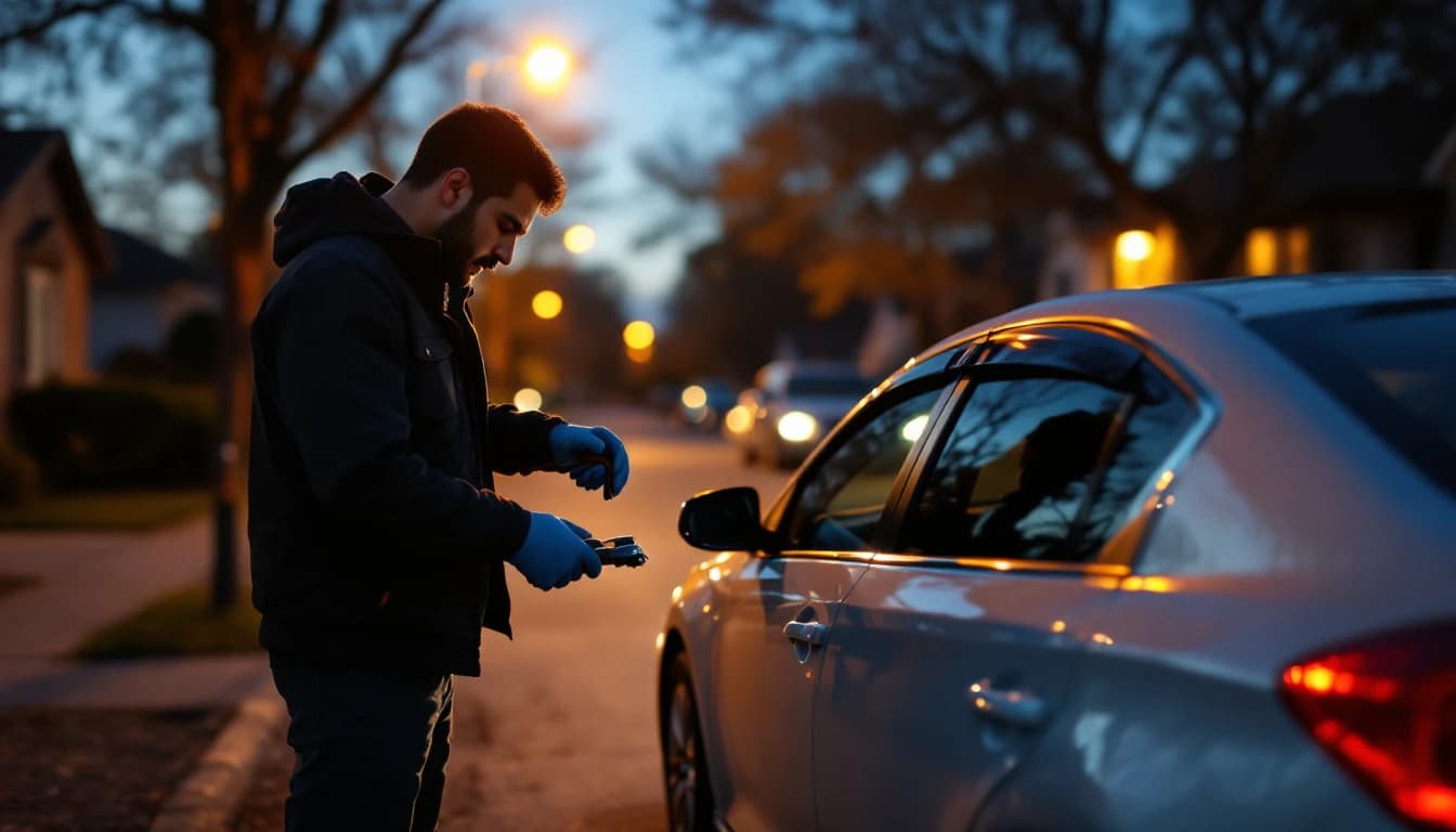 Cerrajero móvil de Fort Worth atendiendo de madrugada un carro con un asiento de bebé adentro