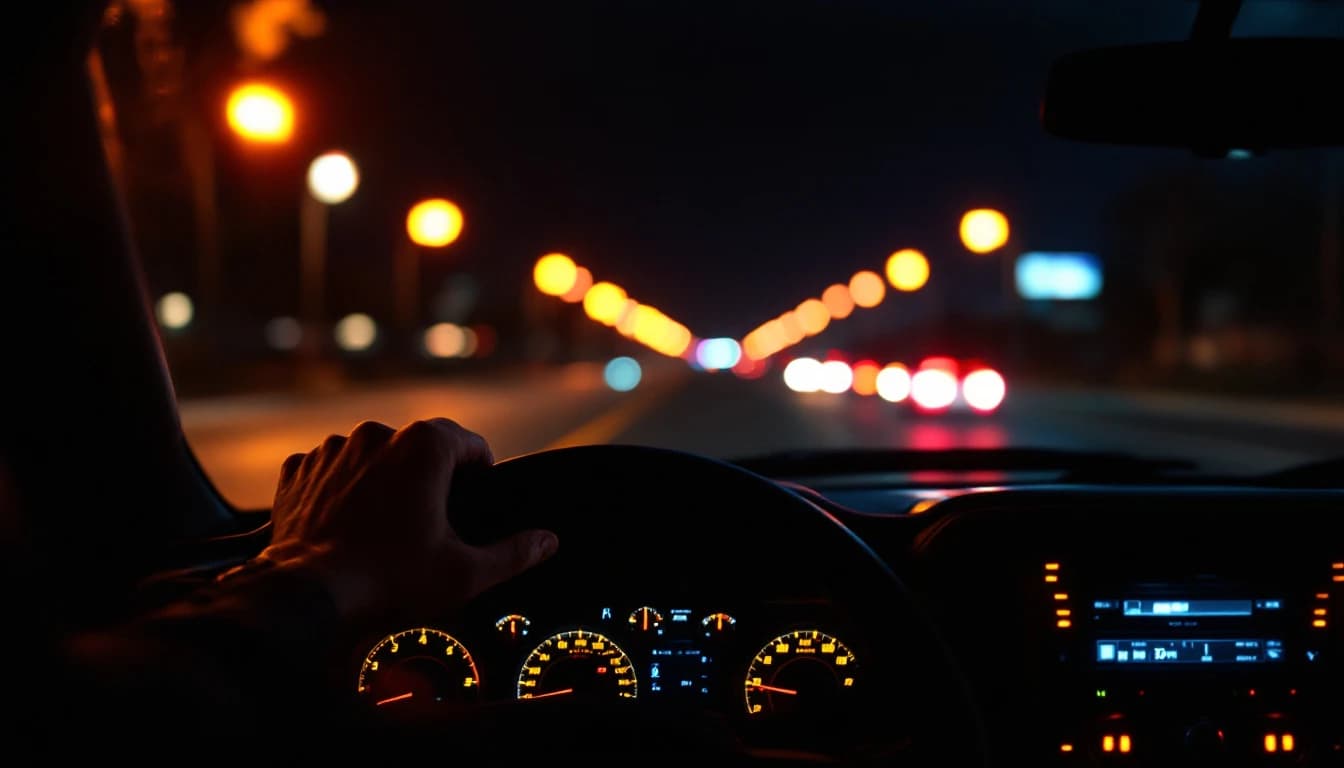 Vista nocturna desde el asiento del conductor de una troca con el cuadro de instrumentos iluminado y las luces de la calle desenfocadas en Fort Worth
