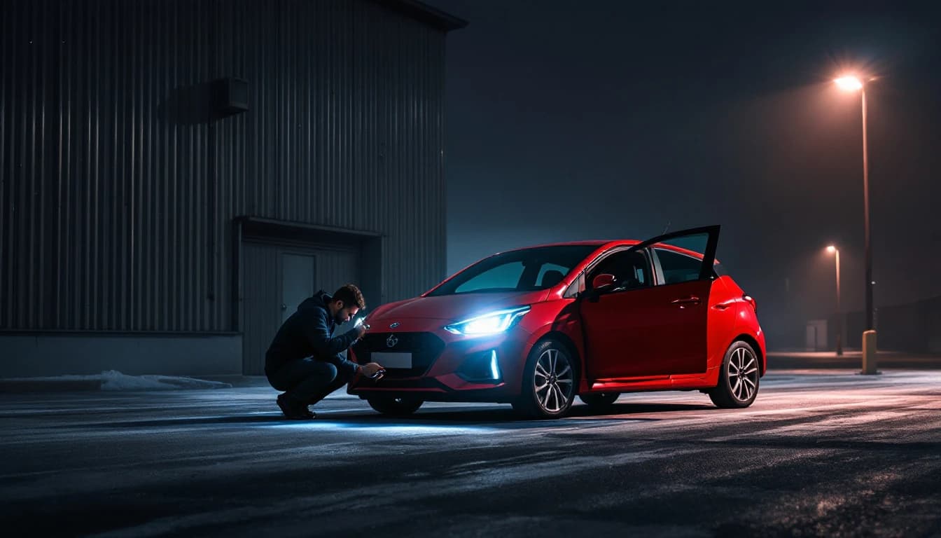 Técnico con equipo de diagnóstico junto a un Volkswagen GTI rojo estacionado de noche cerca del corredor I-35W en Fort Worth, Texas