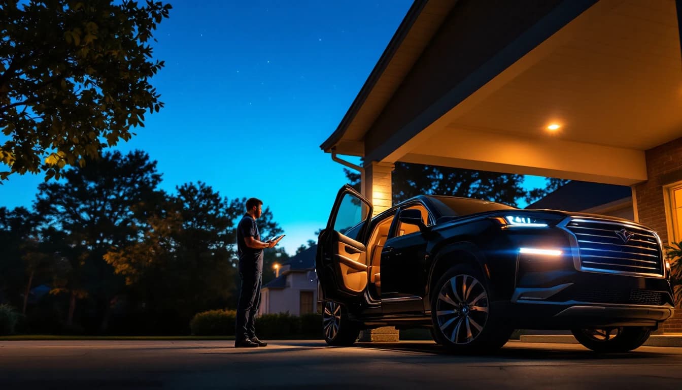 Lincoln Navigator negra estacionada frente a una casa en el oeste de Fort Worth mientras un técnico móvil sincroniza el módulo inmovilizador con el VIN