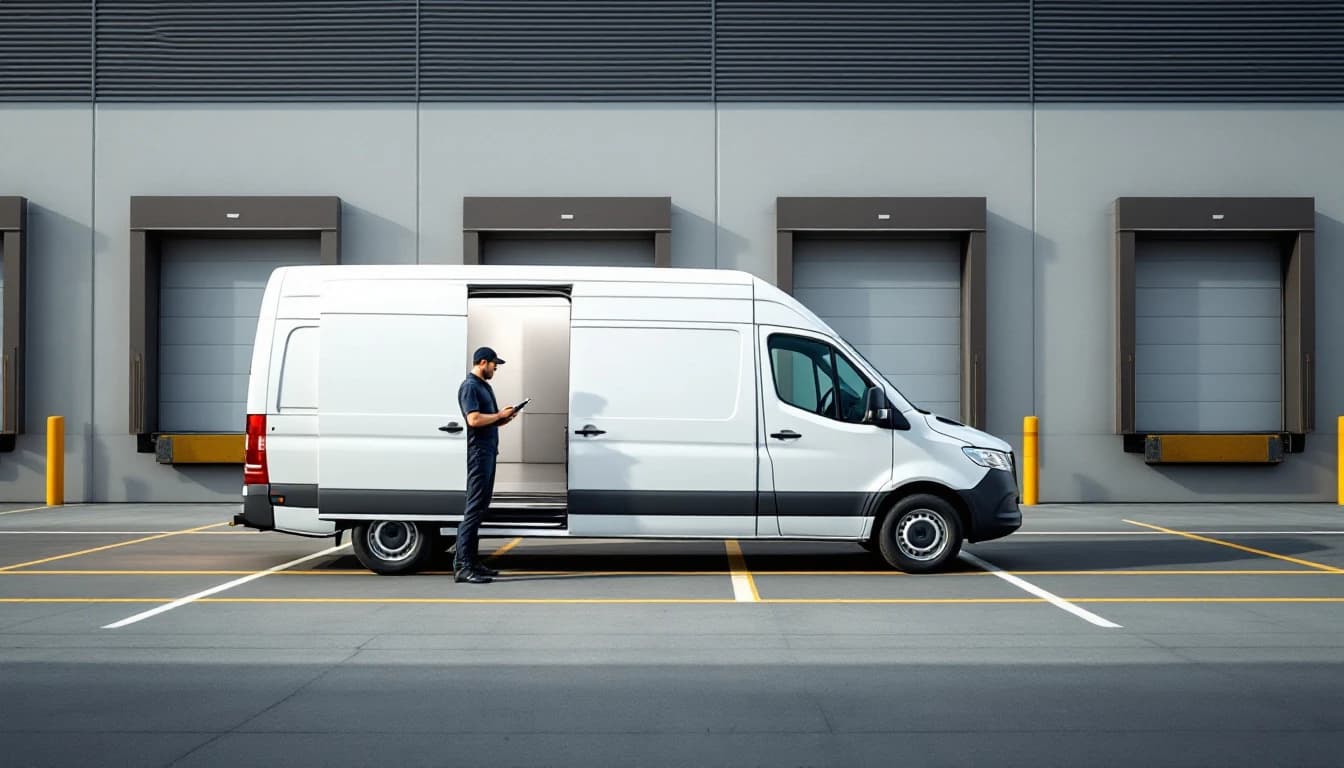 Van Mercedes-Benz Sprinter de reparto detenida en un parque industrial cerca de Alliance mientras un técnico trabaja en el módulo inmovilizador en Fort Worth, Texas