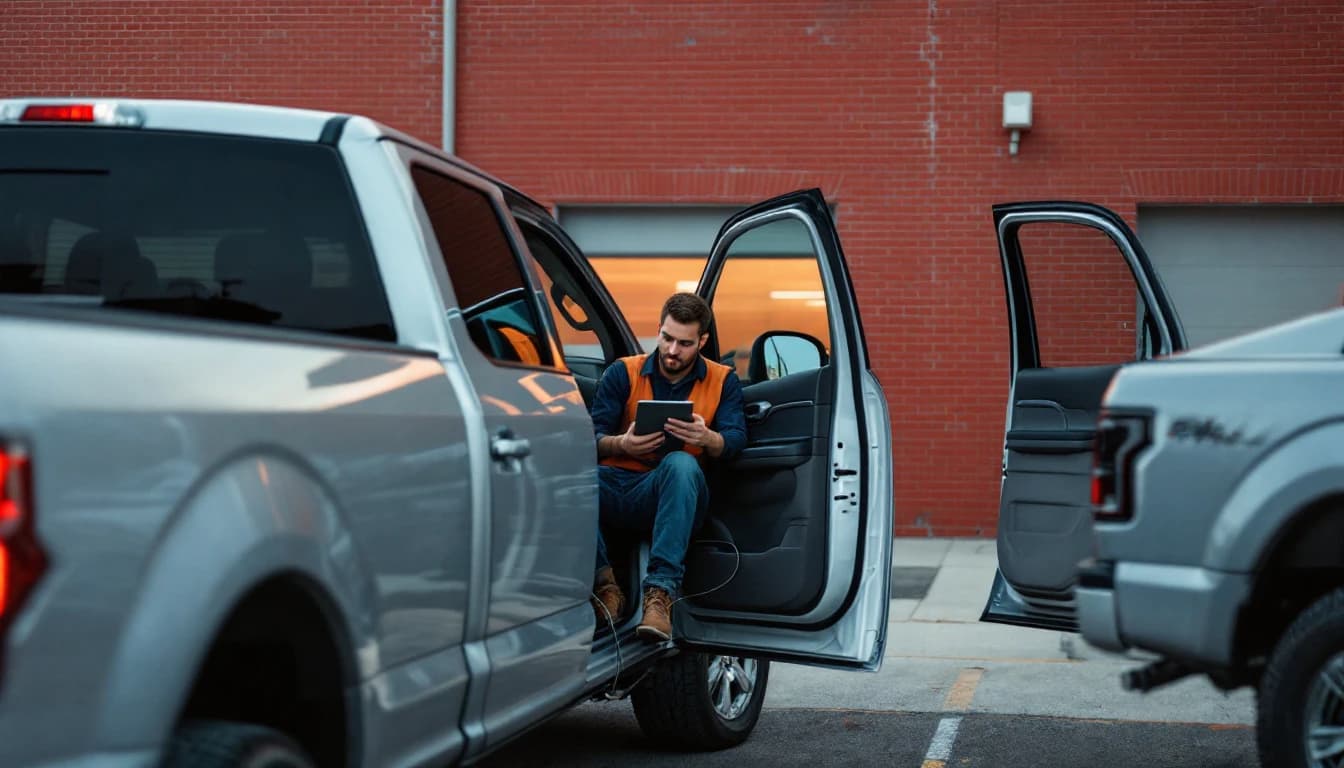 Ford F-150 de trabajo en un taller del norte de Fort Worth mientras un técnico programa un módulo usado con VIN matching en Texas