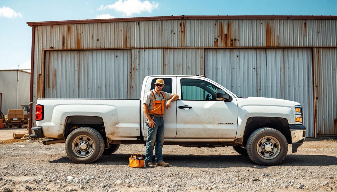 Ram 2500 roja estacionada en un driveway amplio del norte de Fort Worth mientras un técnico móvil diagnostica el módulo WIN en la columna de dirección