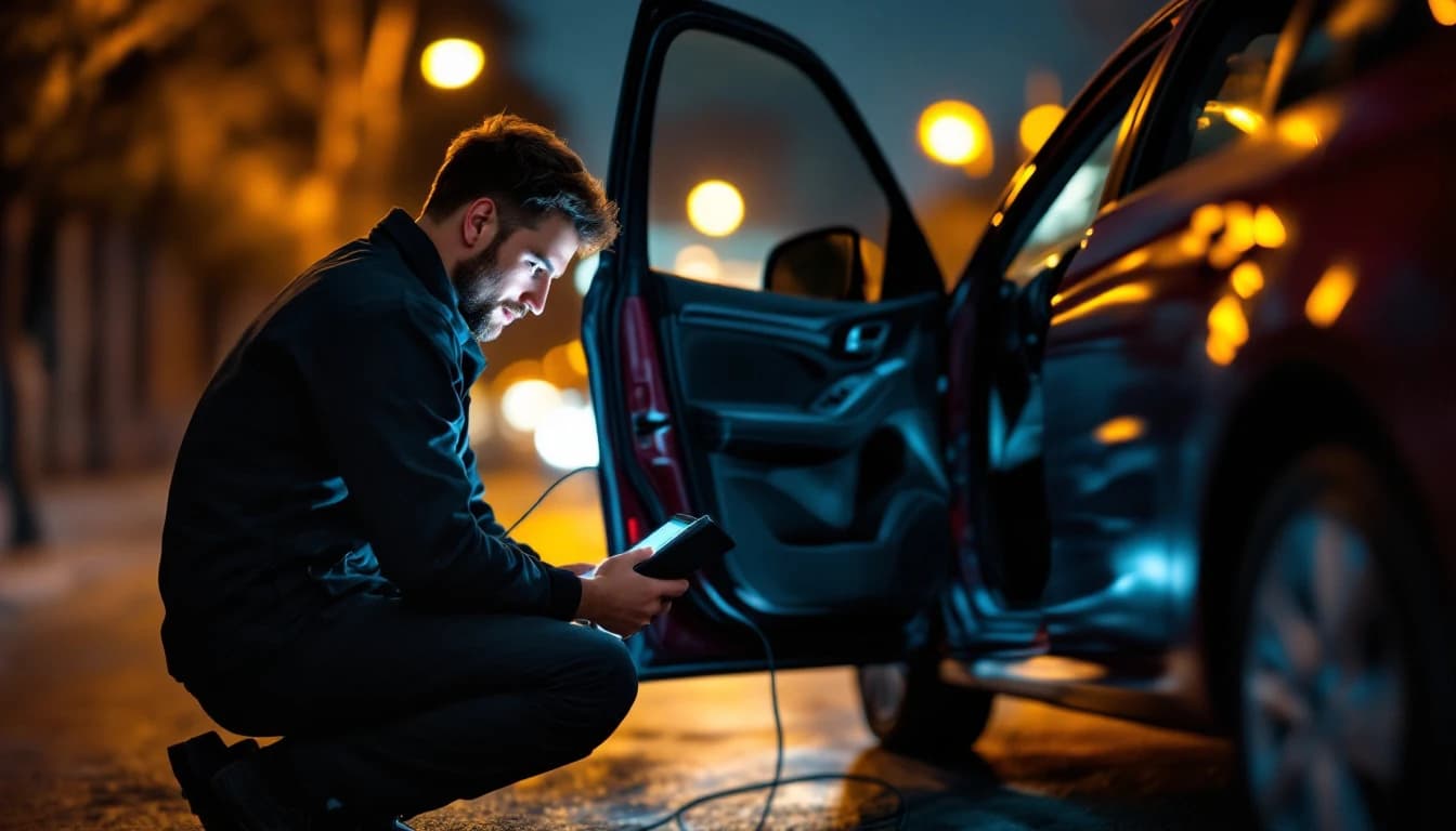 Técnico agachado de noche junto a la puerta abierta de un carro, revisando una tableta de diagnóstico conectada al vehículo en una calle de Fort Worth