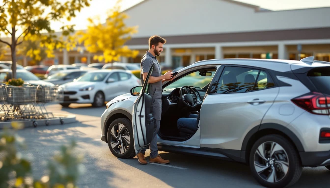 Chevrolet Sonic rojo estacionado en un complejo de apartamentos del norte de Fort Worth mientras un técnico programa una llave con chip de repuesto