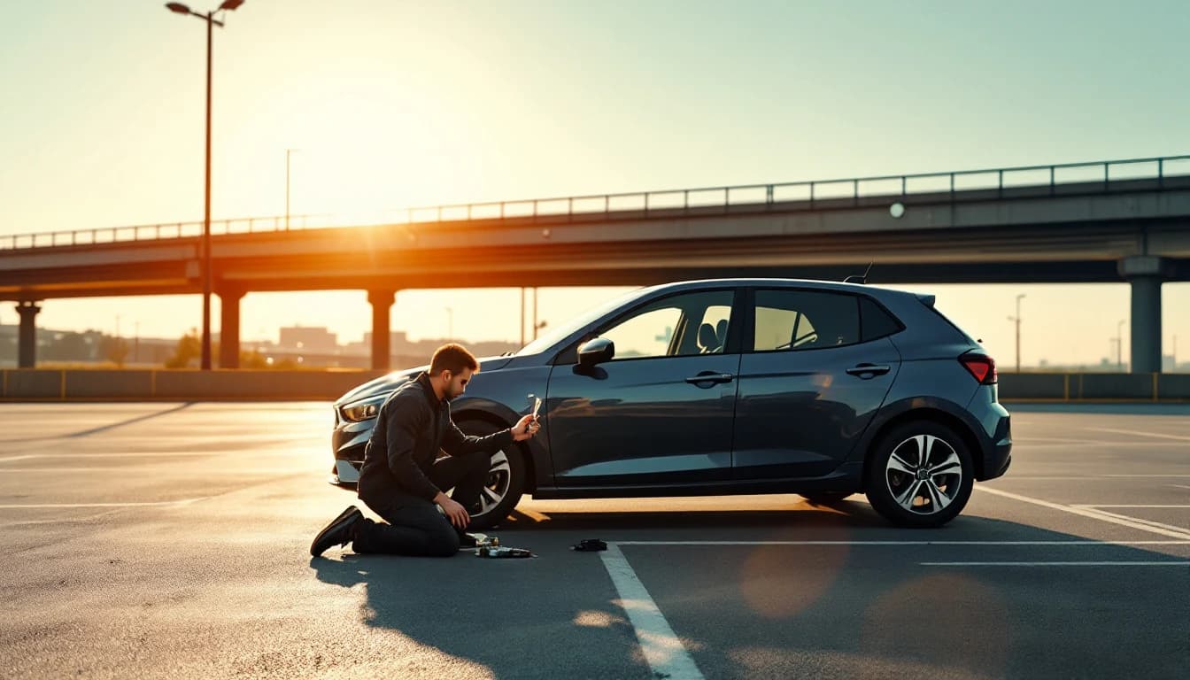Ford Focus plateado estacionado en una calle del centro de Fort Worth mientras un técnico móvil programa una llave con chip junto a la puerta del conductor