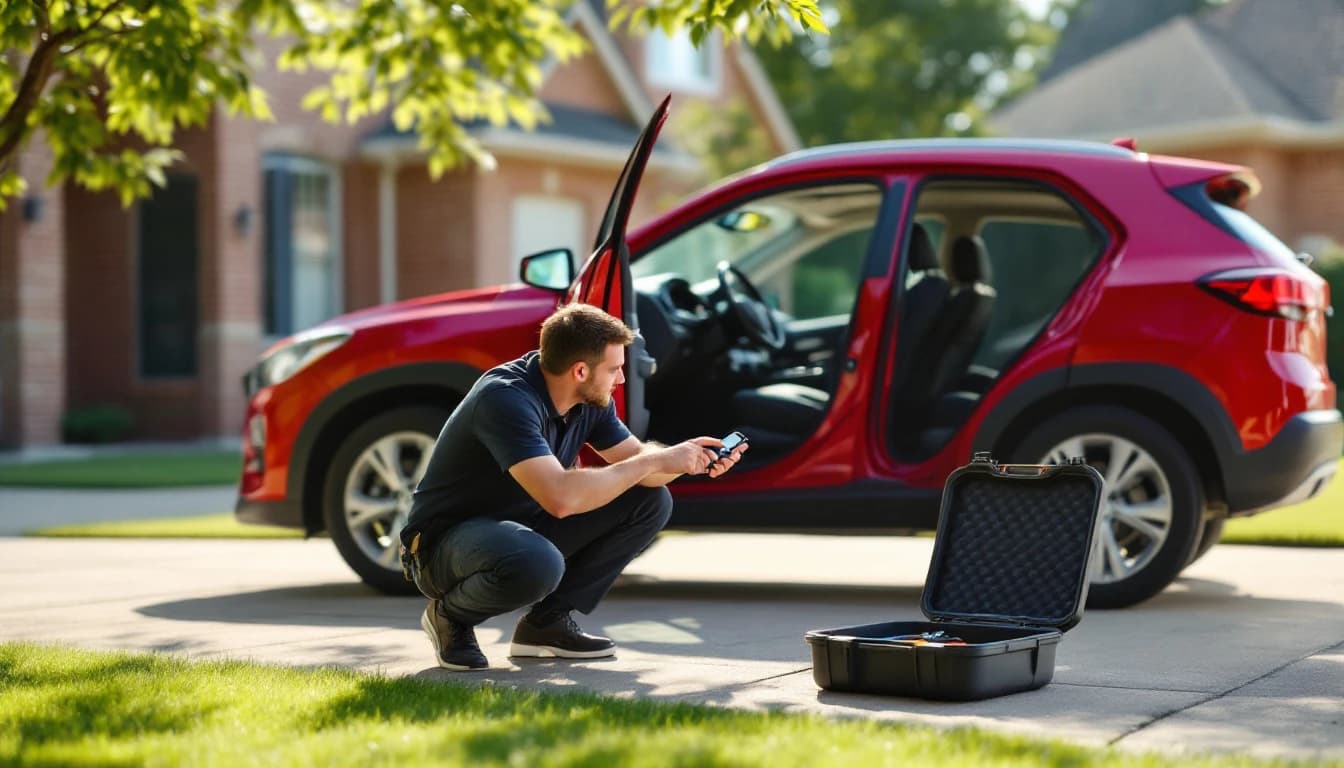 Mazda CX-30 roja estacionada en el driveway de una casa del suroeste de Fort Worth mientras un técnico móvil programa una llave inteligente en Texas