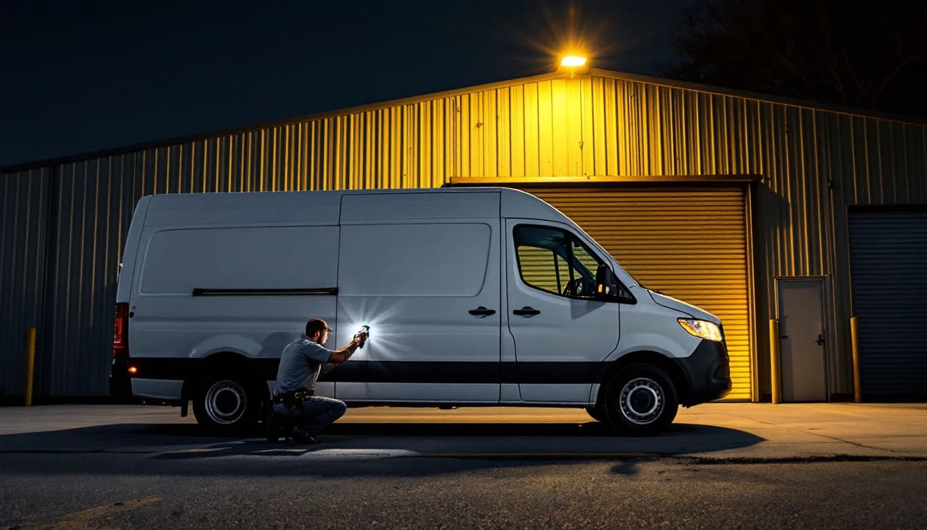 Chevrolet Express blanca de trabajo estacionada al amanecer en una yarda industrial del norte de Fort Worth mientras un técnico repara el switch de encendido