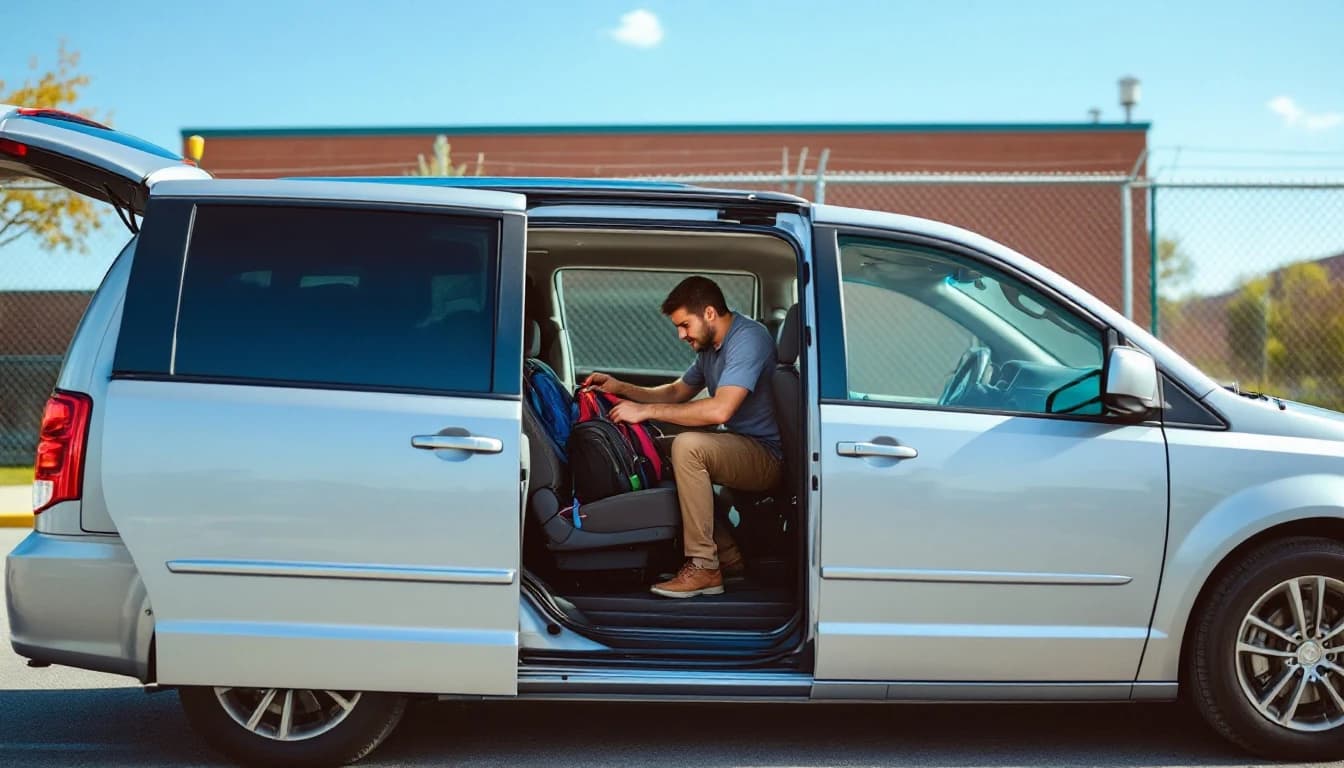 Minivan Dodge Grand Caravan estacionada afuera de una casa en Haltom City mientras un técnico repara el switch de encendido en Fort Worth, Texas