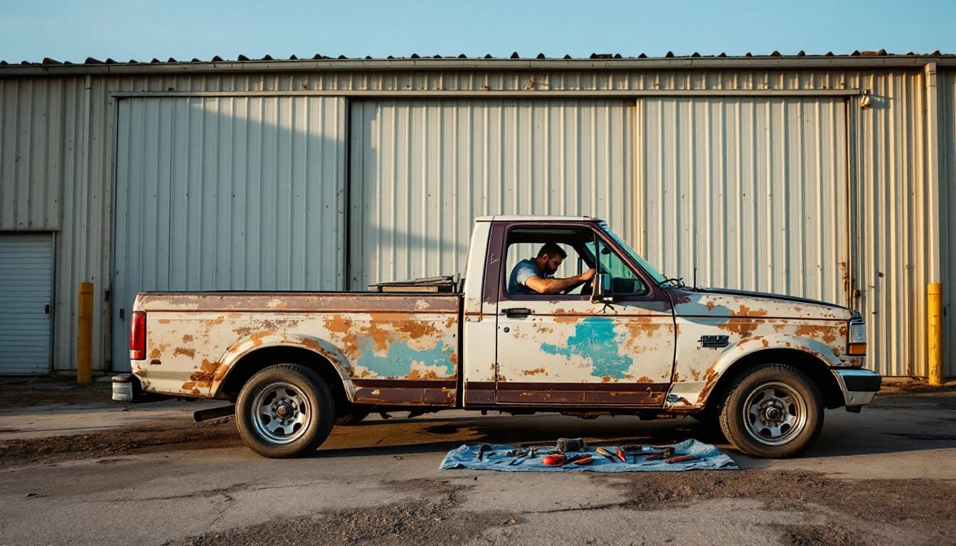 Ford Ranger blanca de trabajo estacionada al amanecer en una zona industrial del norte de Fort Worth mientras un técnico repara el cilindro de encendido