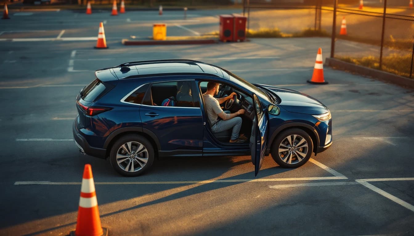 GMC Acadia blanca detenida en la fila de recogida de una escuela del Cultural District de Fort Worth mientras un técnico revisa el cilindro de encendido
