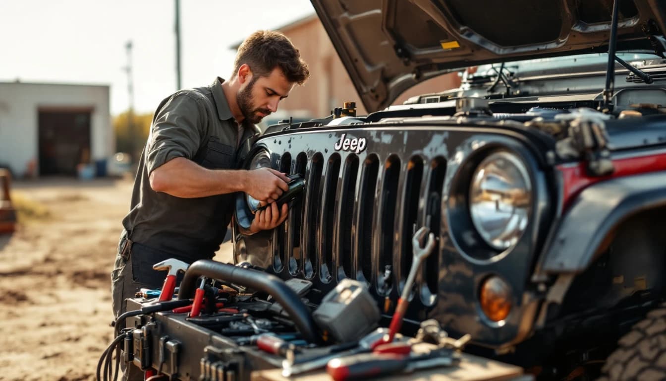 Cerrajero reparando el switch de encendido de un Jeep Wrangler con la columna de dirección abierta en Fort Worth