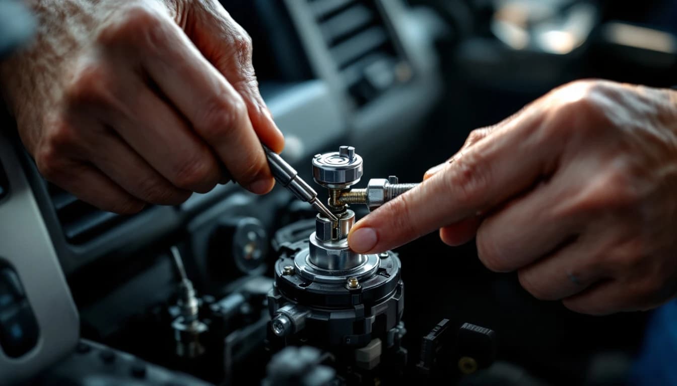 Cerrajero automotriz reparando el cilindro de ignición de una Ford F-150 cuya llave no gira en Fort Worth, Texas