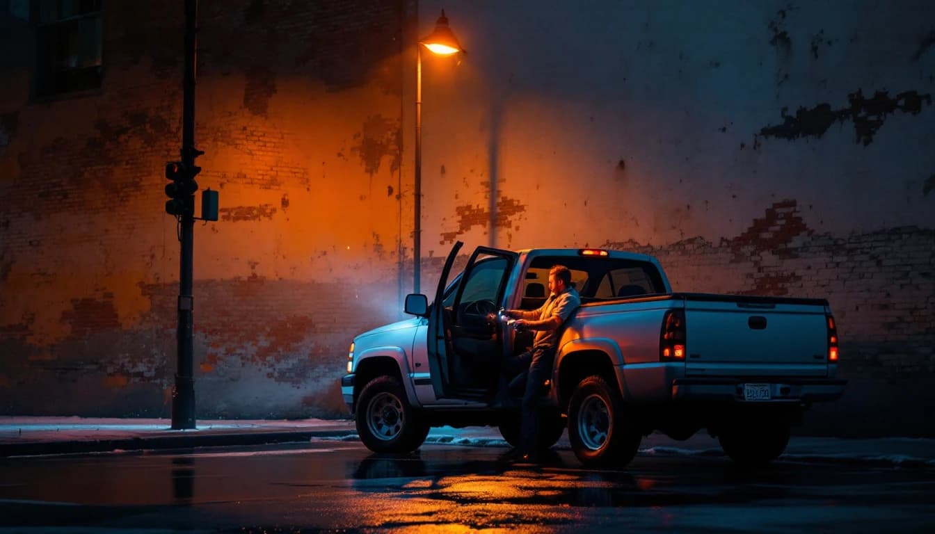 Troca de tamaño completo de principios de los 2000 estacionada bajo una lámpara de sodio junto a un edificio de ladrillo de los corrales de Fort Worth de noche, con un técnico iluminando con linterna la columna de dirección y el switch de encendido
