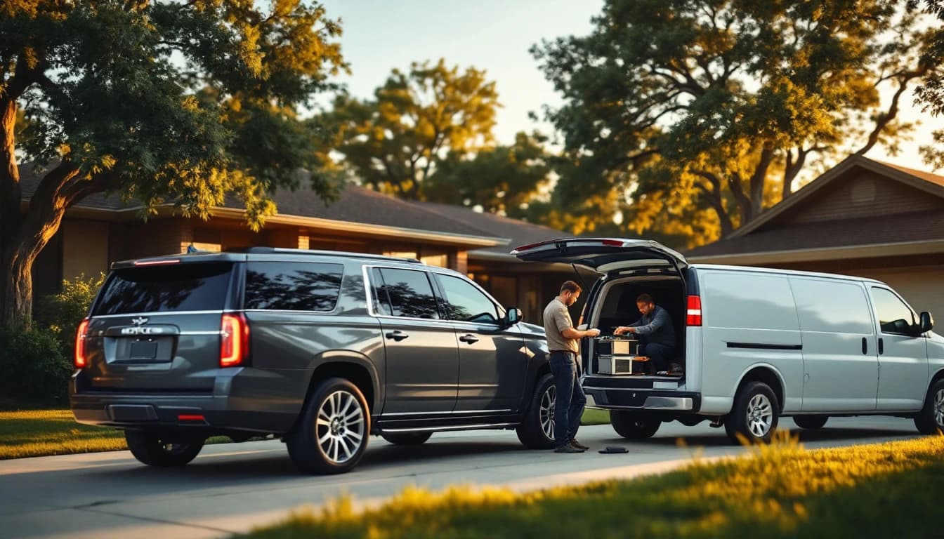 GMC Yukon Denali negra estacionada en el driveway de una casa del suroeste de Fort Worth mientras un técnico genera una llave nueva desde el VIN