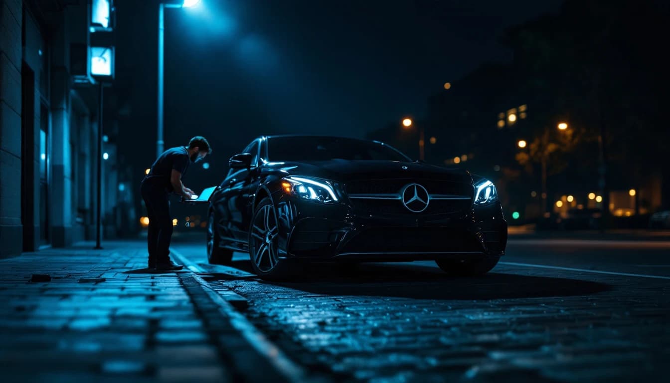 Cerrajero realizando el proceso de todas las llaves perdidas en un Mercedes-Benz negro con equipo especializado en Fort Worth de noche