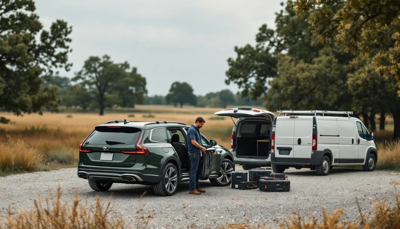 Subaru Outback con portaequipajes estacionada cerca del Cultural District mientras un técnico genera una llave nueva desde el VIN en Fort Worth, Texas