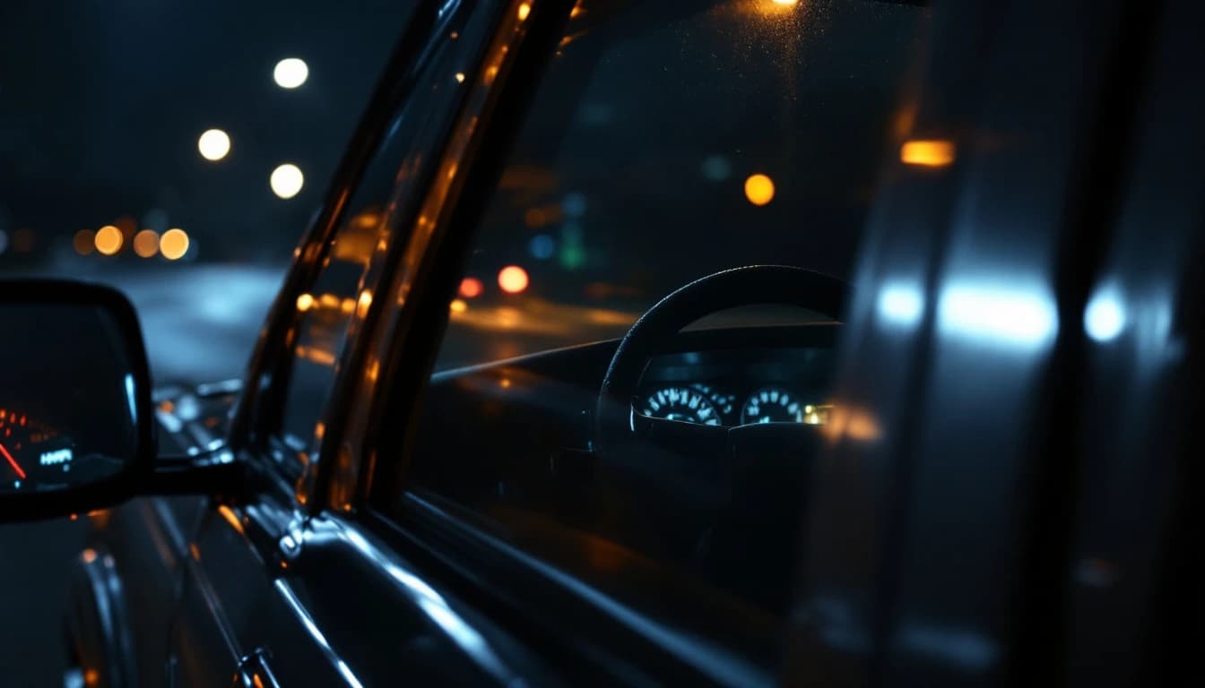 Interior de una camioneta de noche en Fort Worth con el tablero completamente apagado y la mano del conductor sobre el switch de encendido